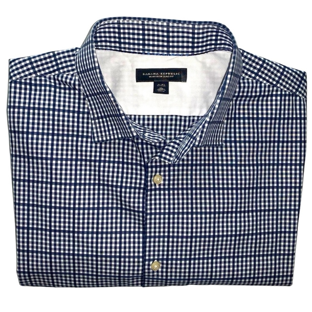 BANANA REPUBLIC Slim Fit Oxford Shirt Checks Navy & White Non Iron 17-17 1/2 XL